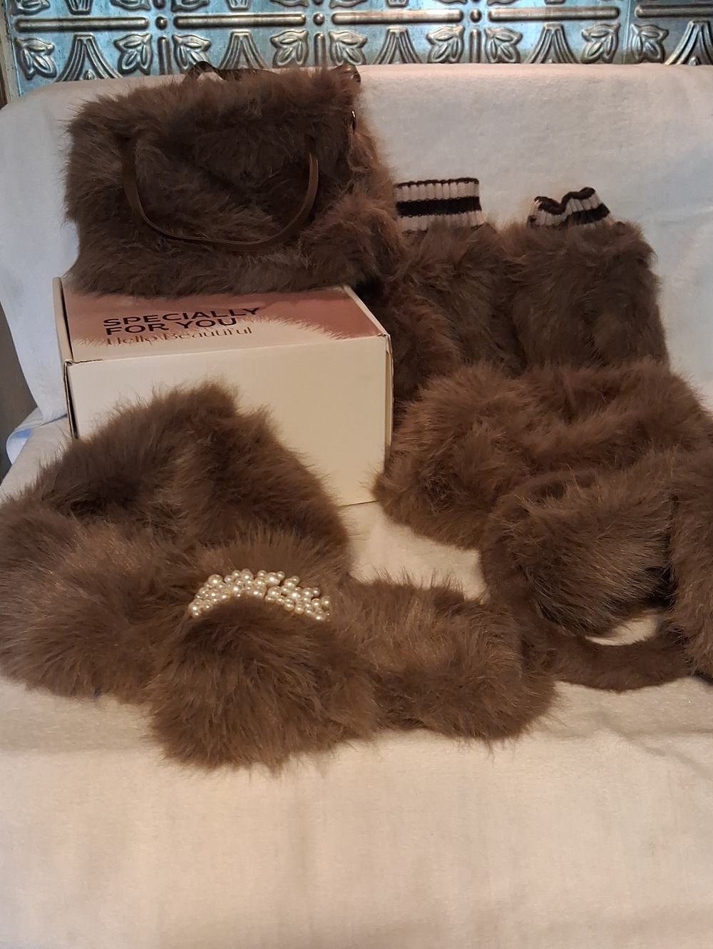 Faux Fur Brown Women's Scarf and Earmuff,  Bucket Hat, Purse